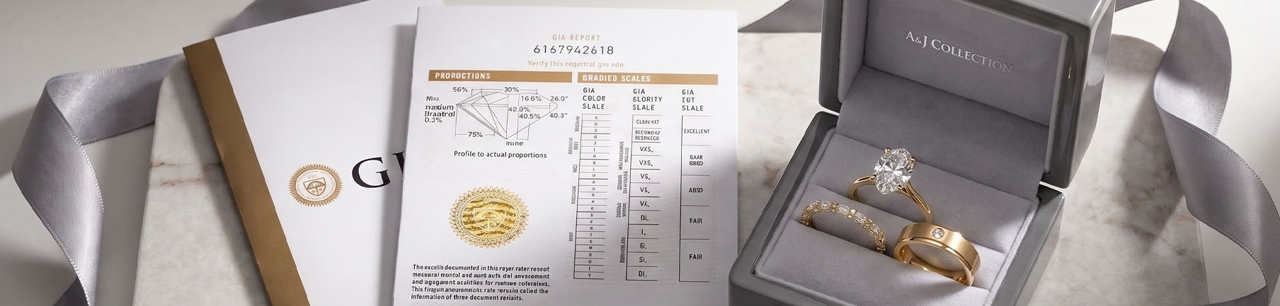 打開的灰色戒盒裡放著橢圓形單鑽戒與金色對戒，旁邊是鑽石鑑定證書